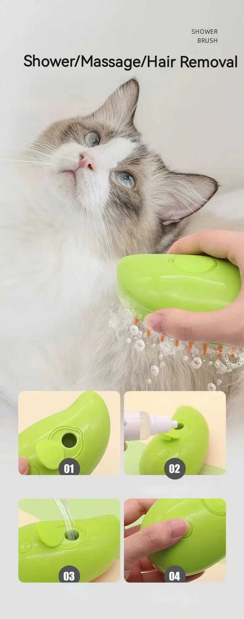 Cepillo eléctrico 3 en 1 para mascotas|Limpieza + Masaje + Vapor Anti-Encrespamiento
